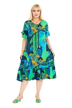 Melsay Butik Yeşil Balık Desen Fırfırlı Kısa Kollu Kadın Midi Elbise