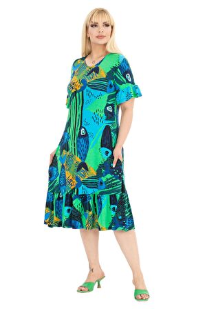 Melsay Butik Yeşil Balık Desen Fırfırlı Kısa Kollu Kadın Midi Elbise