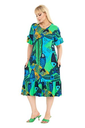 Melsay Butik Yeşil Balık Desen Fırfırlı Kısa Kollu Kadın Midi Elbise