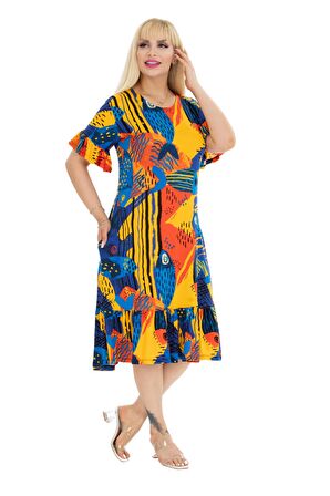 Melsay Butik Sarı Balık Desen Fırfırlı Kısa Kollu Kadın Midi Elbise