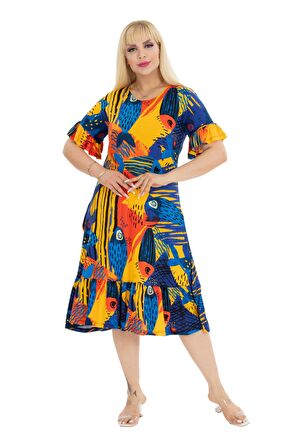 Melsay Butik Sarı Balık Desen Fırfırlı Kısa Kollu Kadın Midi Elbise