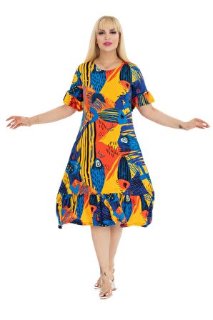 Melsay Butik Sarı Balık Desen Fırfırlı Kısa Kollu Kadın Midi Elbise