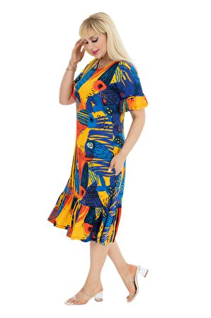 Melsay Butik Sarı Balık Desen Fırfırlı Kısa Kollu Kadın Midi Elbise