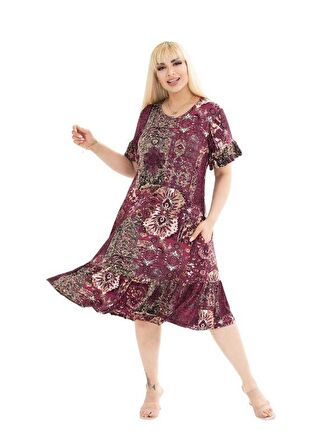 Melsay Butik Bordo Etnik Desen Fırfırlı Kısa Kollu Kadın Midi Elbise