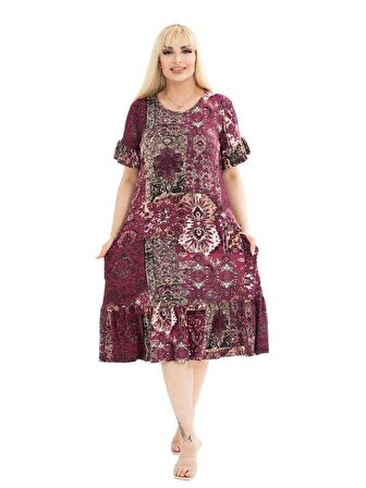 Melsay Butik Bordo Etnik Desen Fırfırlı Kısa Kollu Kadın Midi Elbise