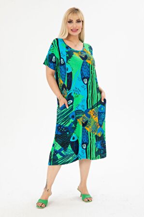 Melsay Butik Yeşil Balık Kuplu Cepli Kısa Kollu Kadın Midi Elbise