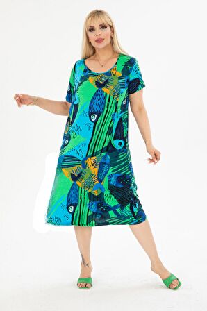Melsay Butik Yeşil Balık Kuplu Cepli Kısa Kollu Kadın Midi Elbise