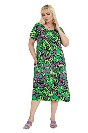 Melsay Butik Yeşil Jungle Desen Kuplu Cepli Kısa Kollu Kadın Midi Elbise