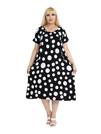Melsay Butik Büyük Puanlı Kuplu Cepli Kısa Kollu Kadın Midi Elbise
