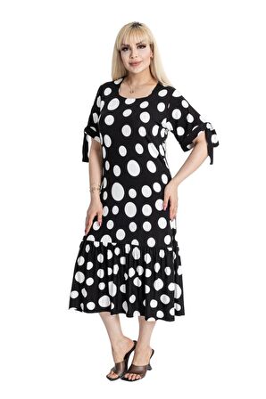 Melsay Butik Büyük Puanlı Kolları Bağlamalı Kısa Kollu Kadın Midi Elbise