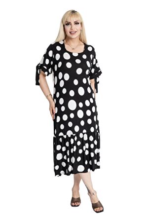 Melsay Butik Büyük Puanlı Kolları Bağlamalı Kısa Kollu Kadın Midi Elbise