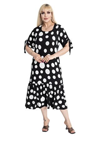 Melsay Butik Büyük Puanlı Kolları Bağlamalı Kısa Kollu Kadın Midi Elbise