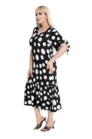 Melsay Butik Büyük Puanlı Kolları Bağlamalı Kısa Kollu Kadın Midi Elbise