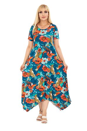 Melsay Butik Yeşil Papağan Desen Asimetrik Kısa Kollu Elbise