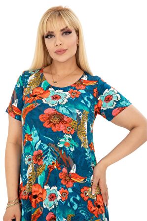 Melsay Butik Yeşil Papağan Desen Asimetrik Kısa Kollu Elbise