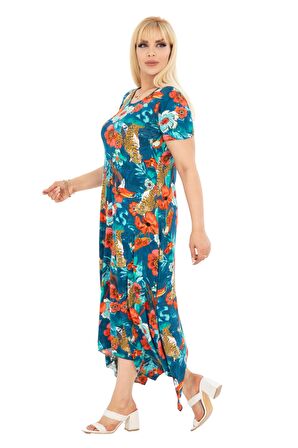 Melsay Butik Yeşil Papağan Desen Asimetrik Kısa Kollu Elbise