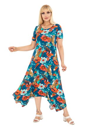 Melsay Butik Yeşil Papağan Desen Asimetrik Kısa Kollu Elbise