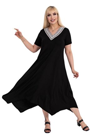 Melsay Butik Siyah V Yaka Dantel Detaylı Asimetrik Kısa Kollu Elbise