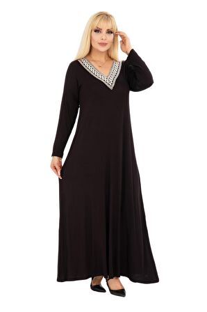 Melsay Butik Siyah V Yaka Dantel Detaylı Uzun Kollu Elbise