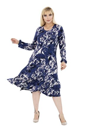 Melsay Butik Mavi Batik Desen Fırfırlı Uzun Kollu Kadın Midi Elbise