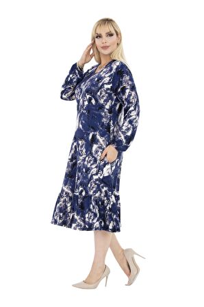 Melsay Butik Mavi Batik Desen Fırfırlı Uzun Kollu Kadın Midi Elbise