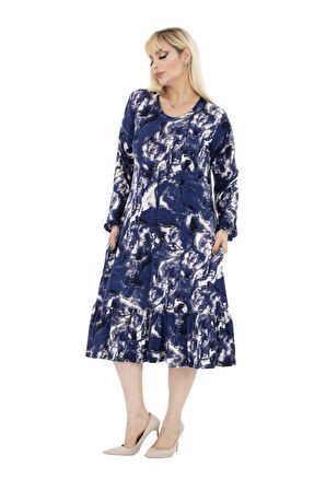Melsay Butik Mavi Batik Desen Fırfırlı Uzun Kollu Kadın Midi Elbise