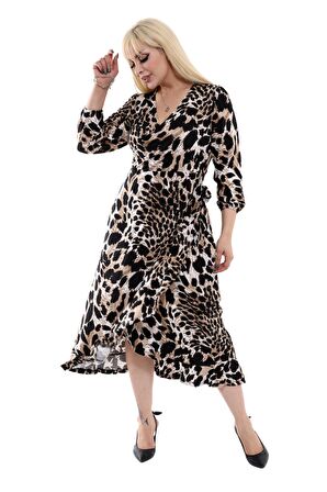 Melsay Butik Siyah Kruvaze Yaka Kaplan Desen Anvelop Etek Midi Elbise