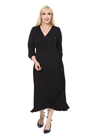 Melsay Butik Siyah Kruvaze Yaka Anvelop Etek Midi Elbise