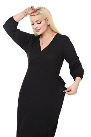 Melsay Butik Siyah Kruvaze Yaka Anvelop Etek Midi Elbise