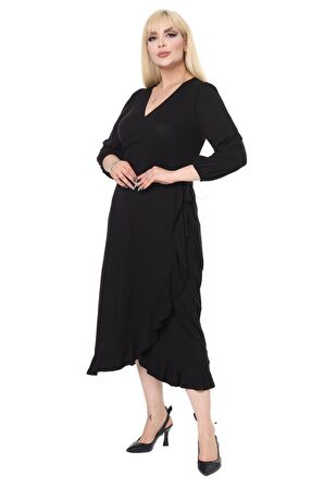 Melsay Butik Siyah Kruvaze Yaka Anvelop Etek Midi Elbise