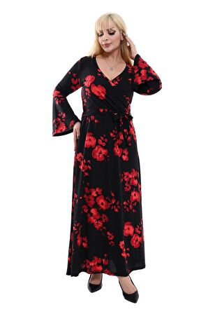 Melsay Butik Krep Kruvaze Yaka Siyah Gelincik Desen Kadın Uzun Elbise