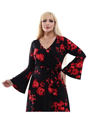 Melsay Butik Krep Kruvaze Yaka Siyah Gelincik Desen Kadın Uzun Elbise