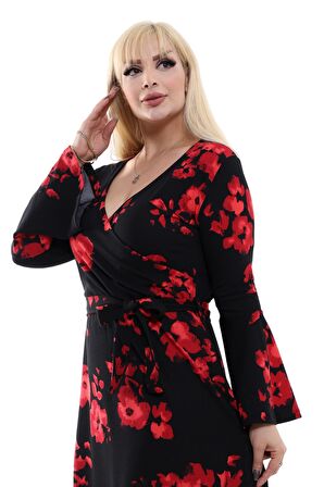 Melsay Butik Krep Kruvaze Yaka Siyah Gelincik Desen Kadın Uzun Elbise