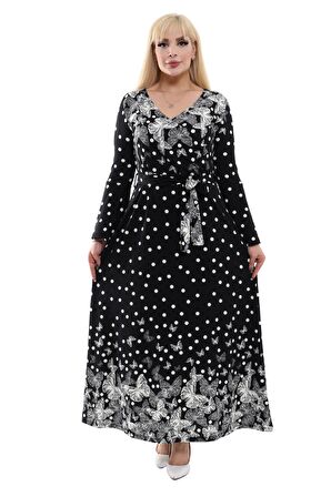 Melsay Butik Kruvaze Yaka Siyah Puan Kelebek Desen Kadın Krep Uzun Elbise