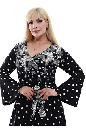 Melsay Butik Kruvaze Yaka Siyah Puan Kelebek Desen Kadın Krep Uzun Elbise