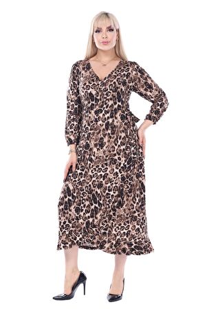 Melsay Butik Kruvaze Yaka Leopar Desen Anvelop Midi Elbise