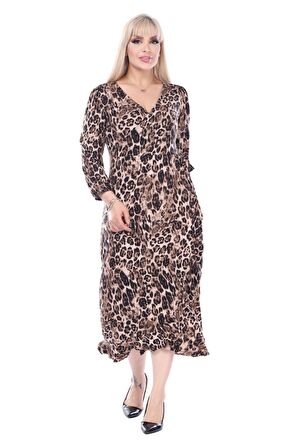 Melsay Butik Kruvaze Yaka Leopar Desen Anvelop Midi Elbise