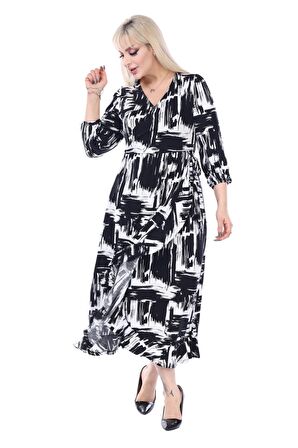 Melsay Butik Siyah Beyaz Kruvaze Yaka Fırça Desen Anvelop Midi Elbise