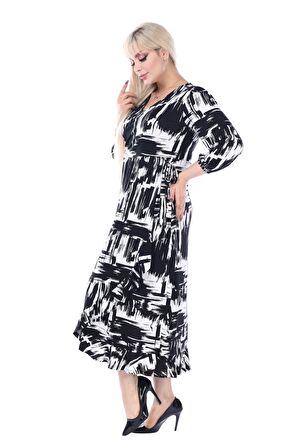 Melsay Butik Siyah Beyaz Kruvaze Yaka Fırça Desen Anvelop Midi Elbise