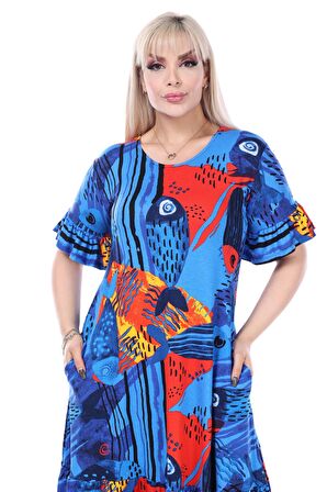 Melsay Butik Mavi Balık Desen Fırfırlı Kısa Kollu Kadın Midi Elbise