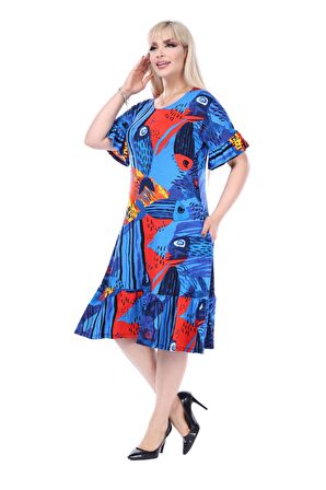 Melsay Butik Mavi Balık Desen Fırfırlı Kısa Kollu Kadın Midi Elbise