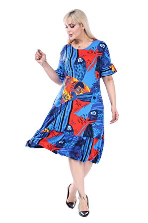 Melsay Butik Mavi Balık Desen Fırfırlı Kısa Kollu Kadın Midi Elbise