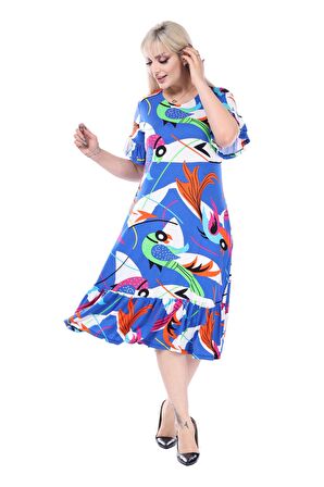 Melsay Butik Fırfırlı Kısa Kollu Mavi Desenli Kadın Cepli Midi Elbise