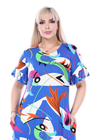 Melsay Butik Fırfırlı Kısa Kollu Mavi Desenli Kadın Cepli Midi Elbise
