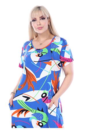 Melsay Butik Göğüs Kuplu Mavi Desenli Cepli Kısa Kol Kadın Midi Elbise