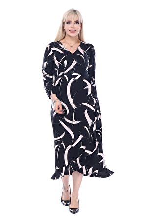 Melsay Butik Siyah Kruvaze Yaka Tüy Desen Anvelop Midi Elbise