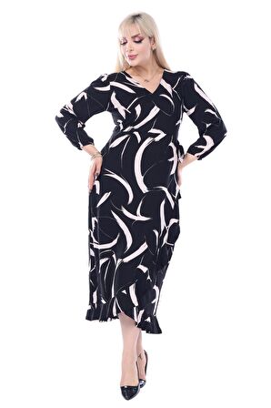 Melsay Butik Siyah Kruvaze Yaka Tüy Desen Anvelop Midi Elbise