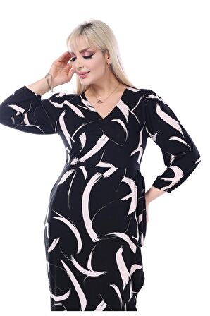 Melsay Butik Siyah Kruvaze Yaka Tüy Desen Anvelop Midi Elbise