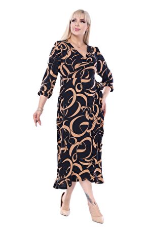 Melsay Butik Kruvaze Yaka Taba Dalga Desen Anvelop Midi Elbise