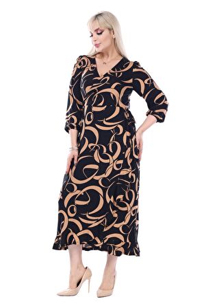 Melsay Butik Kruvaze Yaka Taba Dalga Desen Anvelop Midi Elbise